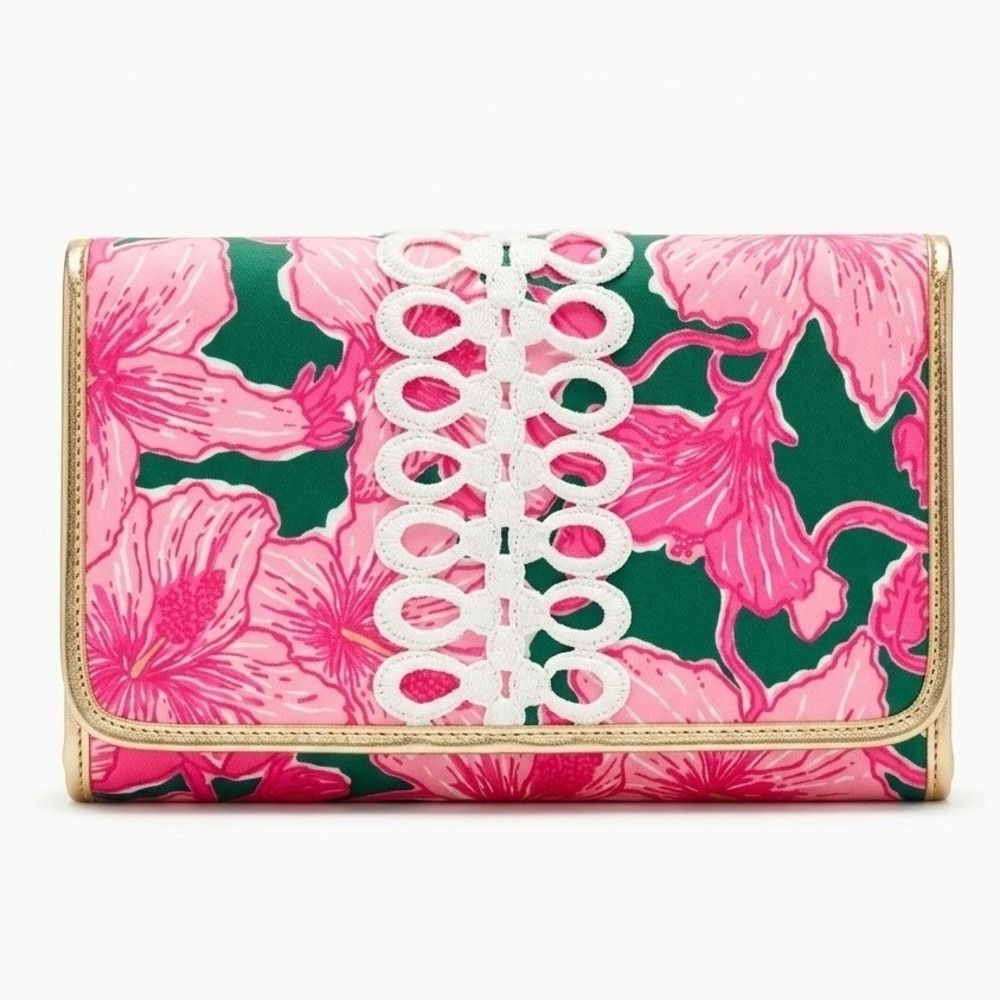 Lilly Pulitzer First Impression Floral Eyelet Lace Trim Clutch Bag Gold Piping